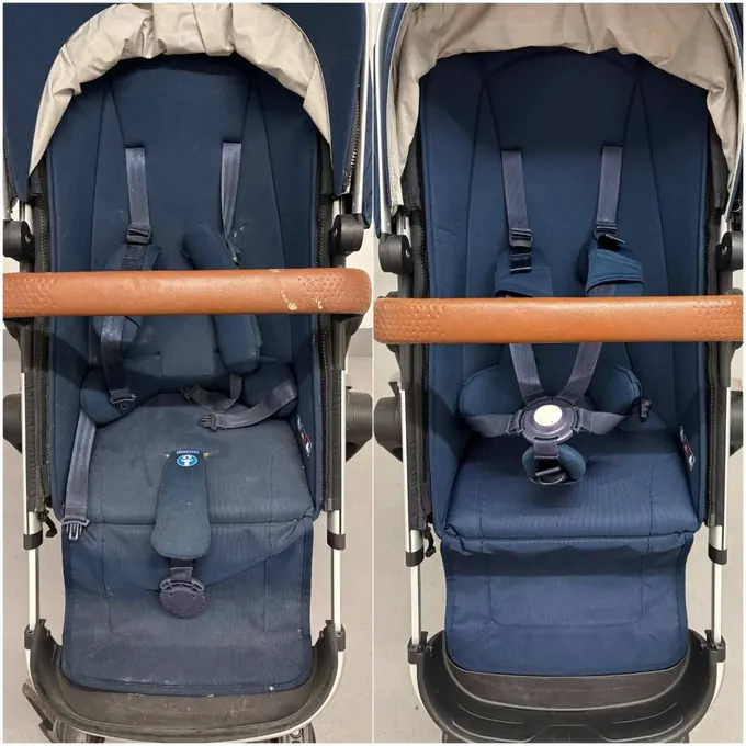 Kinderwagen komplett – vorher verschmutzt, nachher gereinigt