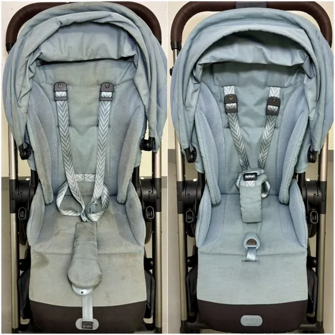Kinderwagen-Sitzfläche vorher und nachher