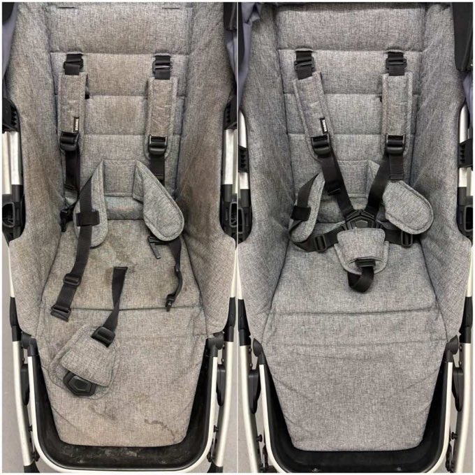 Kinderwagen-Sitzeinheit mit Gurtsystem vorher verschmutzt, nachher gereinigt