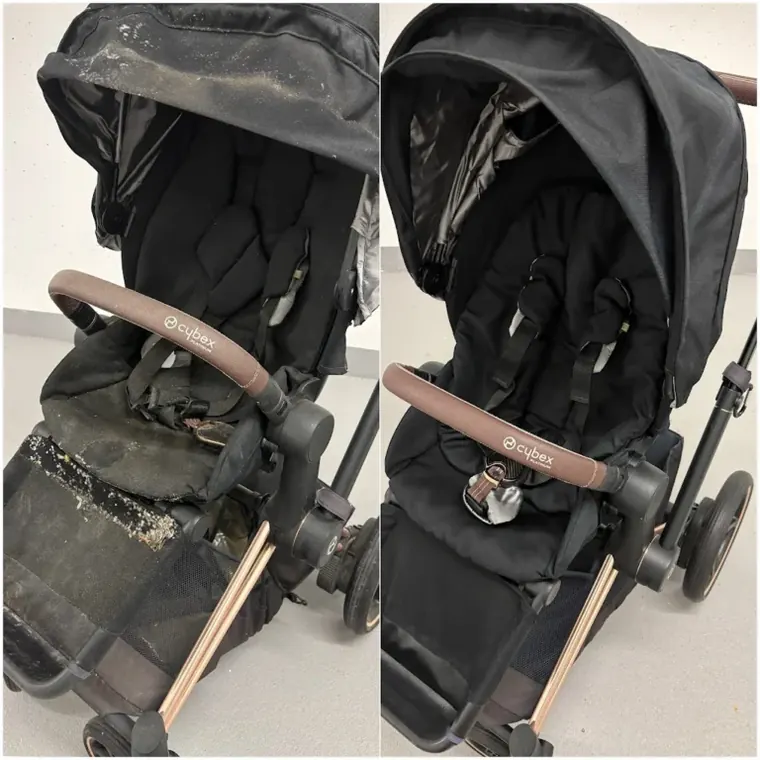 Kinderwagen-Sitz vorher und nachher gereinigt