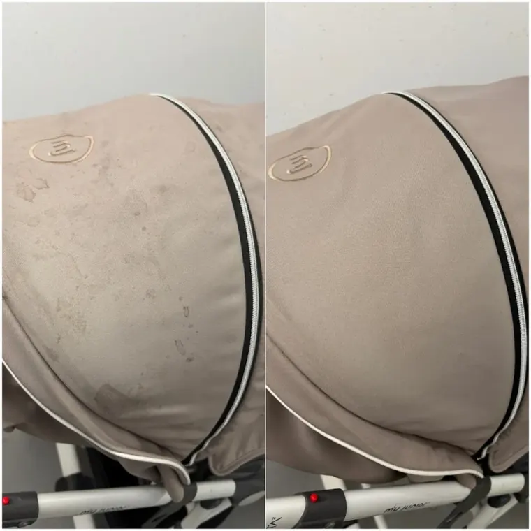 Kinderwagen-Detail vorher und nach der Reinigung